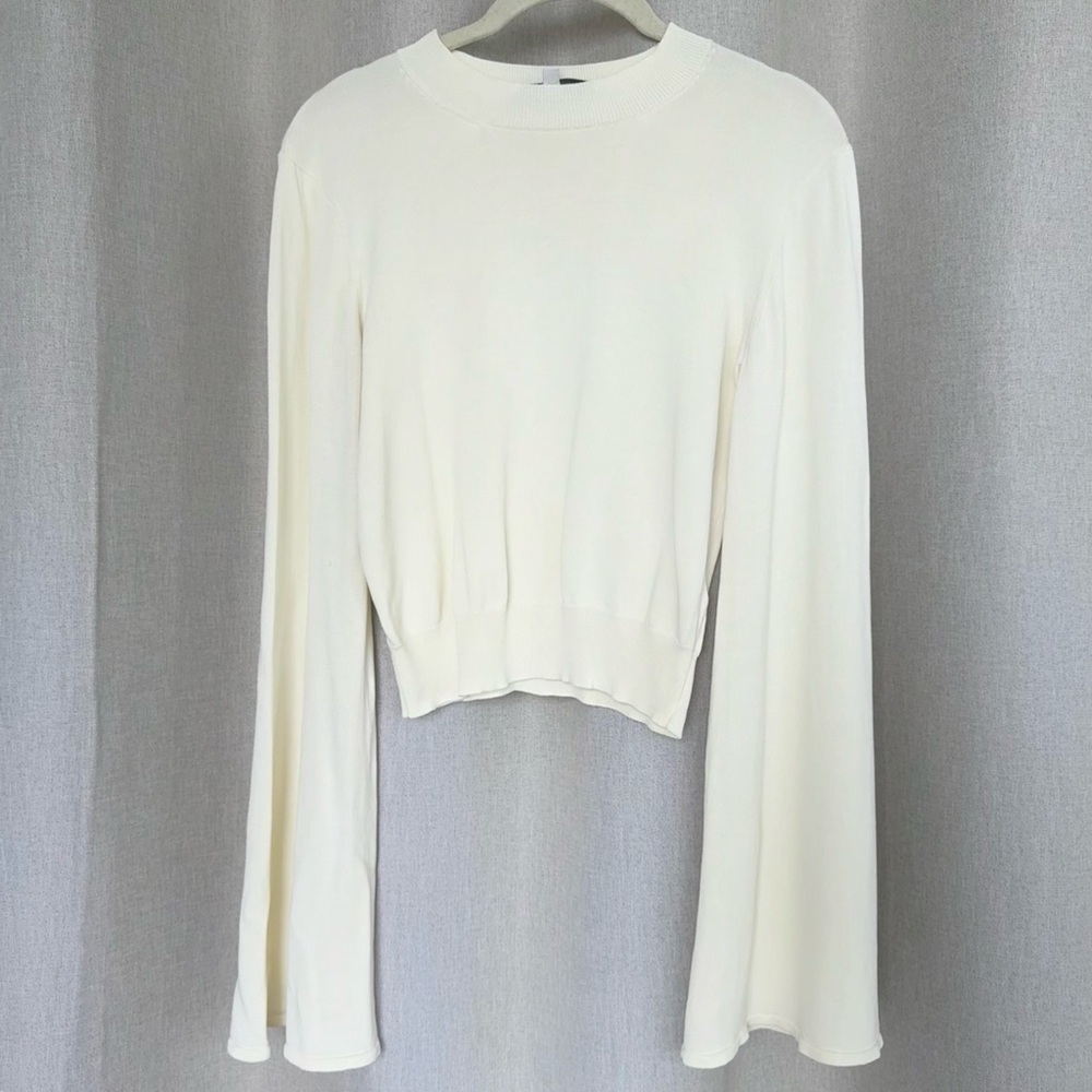 SOLID & STRIPED Cream Ribbed Bell-Sleeve Top - Picture 2 of 11